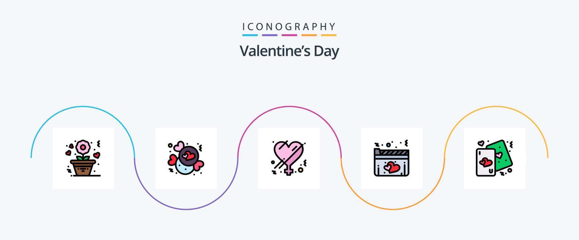 linha do dia dos namorados cheia de pacote de 5 ícones planos, incluindo coração. filme. fêmea. amor. filme vetor