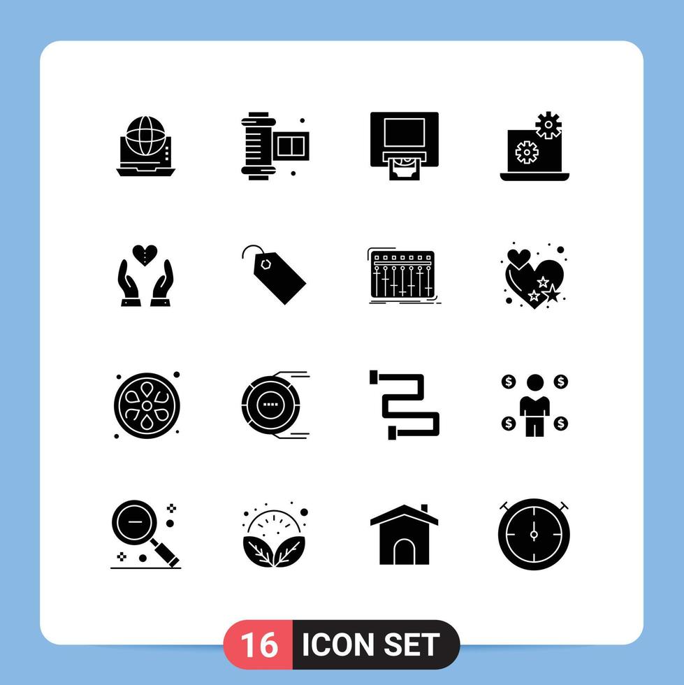 conjunto moderno de 16 glifos e símbolos sólidos, como sentimentos, cuidado, configuração de filme de rolo de câmera, elementos de design de vetores editáveis para laptop