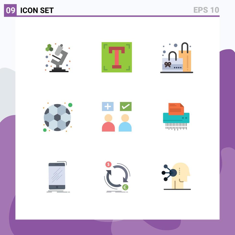conjunto moderno de 9 cores planas e símbolos, como respostas on-line, jogo de bolsa de futebol, elementos de design de vetores editáveis