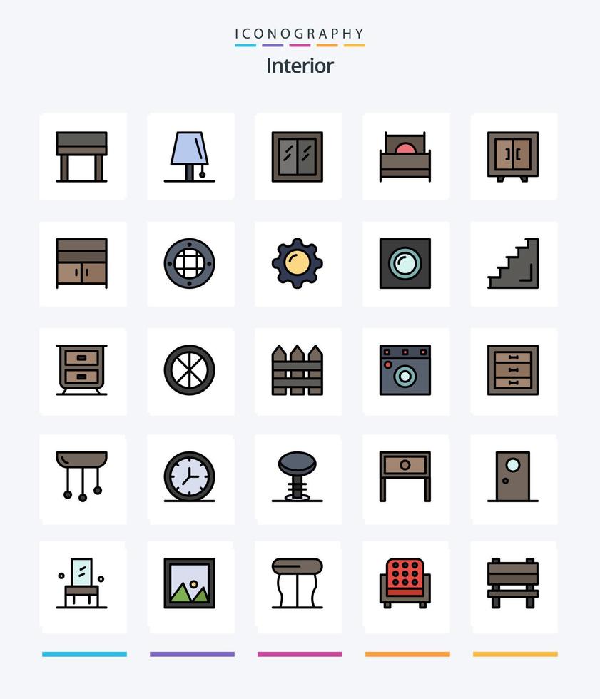 pacote de ícones preenchidos com 25 linhas de interior criativo, como armário. mobília. vidro. móveis. cama vetor