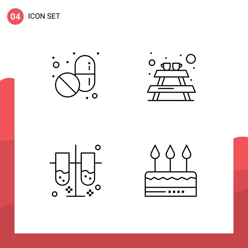 pacote de interface do usuário de 4 cores planas básicas de linha preenchida de tubos de ensaio médicos, tubos de ensaio de laboratório de bancada, celebração de elementos de design vetorial editáveis vetor