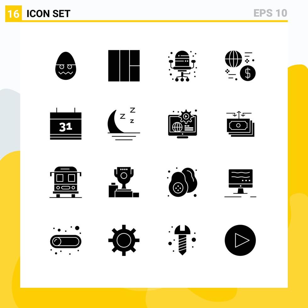 pacote de glifos sólidos de 16 símbolos universais de data nebulosa assento calendário dinheiro elementos de design de vetores editáveis