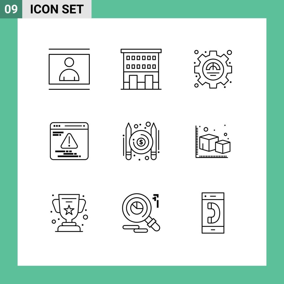pacote de 9 sinais e símbolos de contornos modernos para mídia impressa na web, como artigos, elementos de design de vetores editáveis de desempenho de desenvolvimento de loja na web