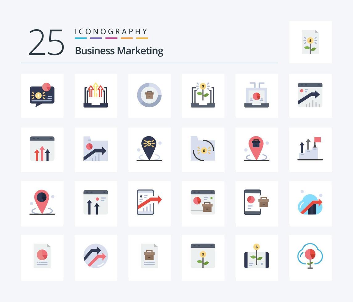 pacote de ícones de 25 cores planas de marketing de negócios, incluindo economia. bancário. computador portátil. relatório. dados vetor