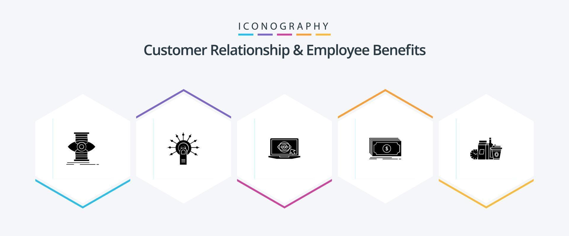 relacionamento com o cliente e benefícios dos funcionários Pacote de ícones de 25 glifos, incluindo comida. transferir. toque aqui. fundo. apresentação vetor