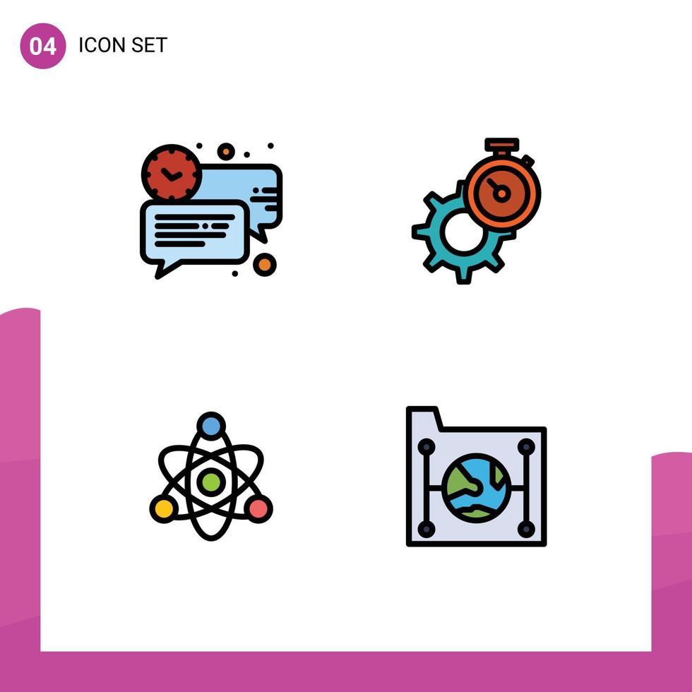 pacote de 4 sinais e símbolos modernos de cores planas de linha preenchida para mídia de impressão na web, como tempo de mensagem de relógio de bolha, educar elementos de design de vetores editáveis