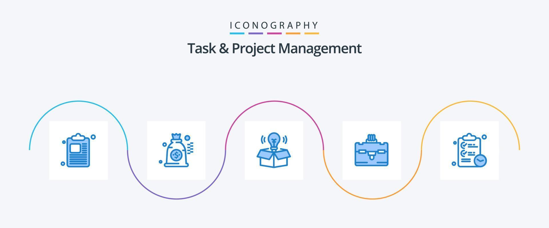 pacote de ícones azul 5 de gerenciamento de tarefas e projetos, incluindo . tarefas. ideia. prancheta. viagem vetor