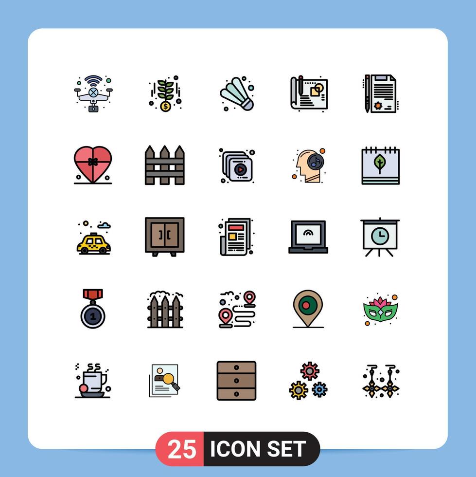 25 ícones criativos sinais e símbolos modernos de processo de certificado de badminton de documento de caixa elementos de design de vetores editáveis