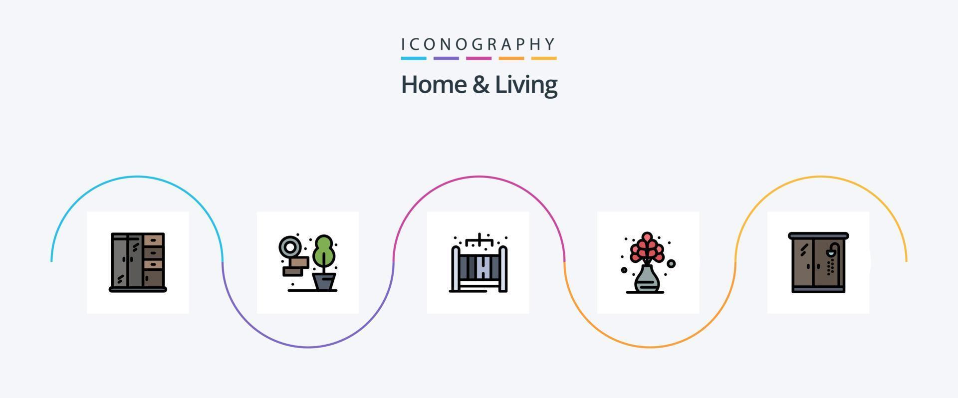 casa e linha de vida cheia de pacote de ícones plana 5 incluindo . banheiro. berço. vivendo. flor vetor