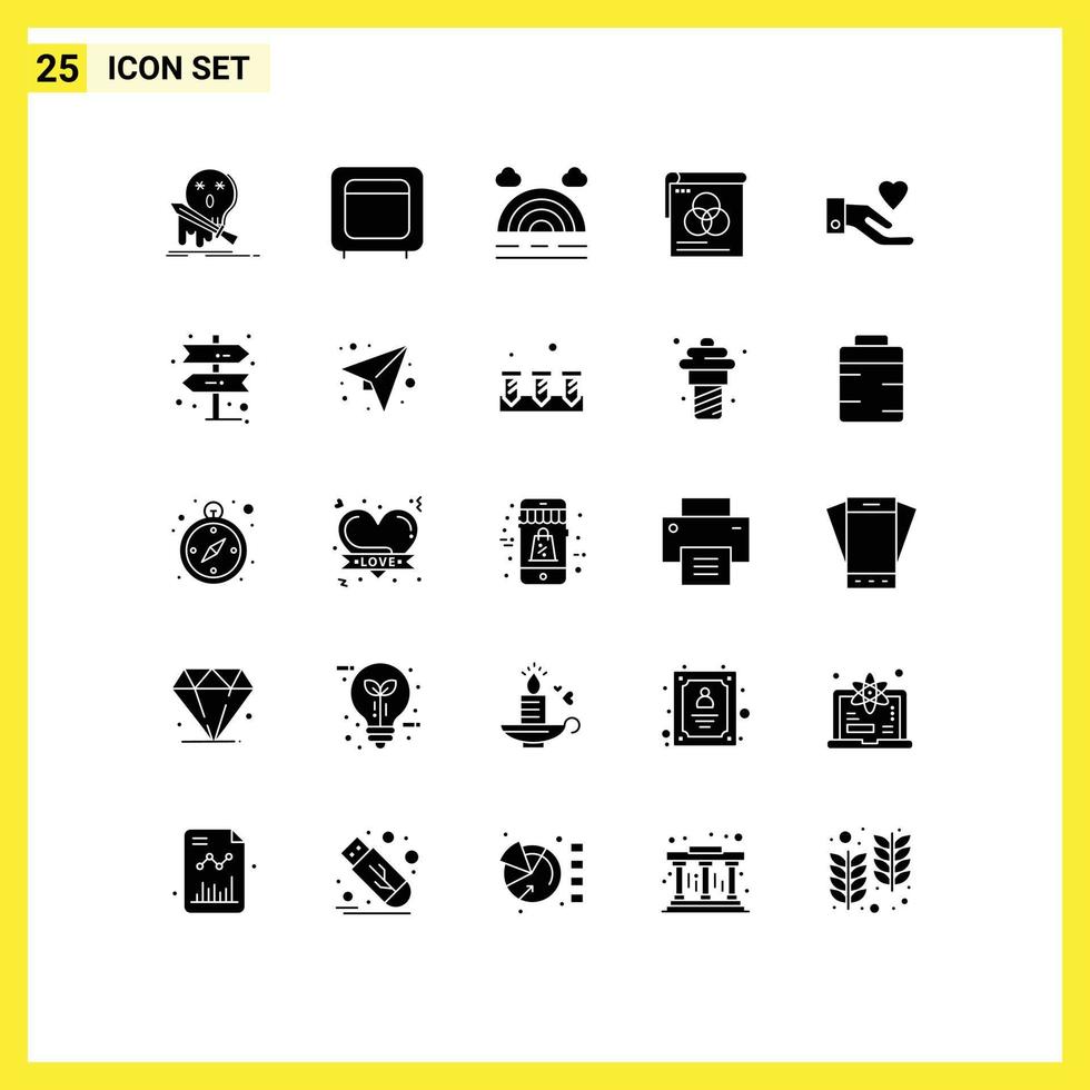 pacote de 25 sinais e símbolos de glifos sólidos modernos para mídia impressa na web, como papel de parede de mão, pôster de dinheiro, tempo, elementos de design vetorial editáveis vetor