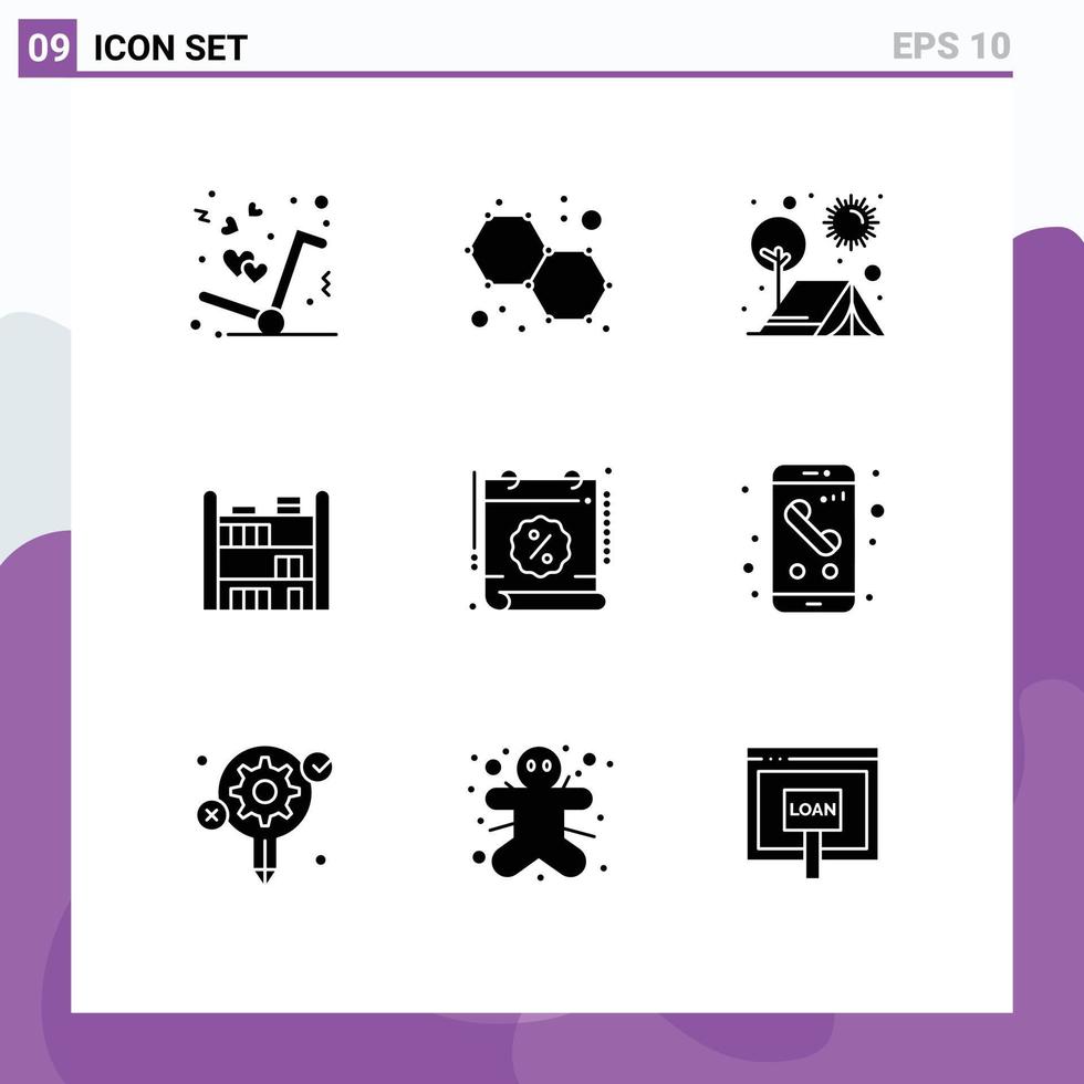 9 interface do usuário pacote de glifos sólidos de sinais e símbolos modernos de calendário percentual estante de acampamento elementos de design de vetores editáveis em casa