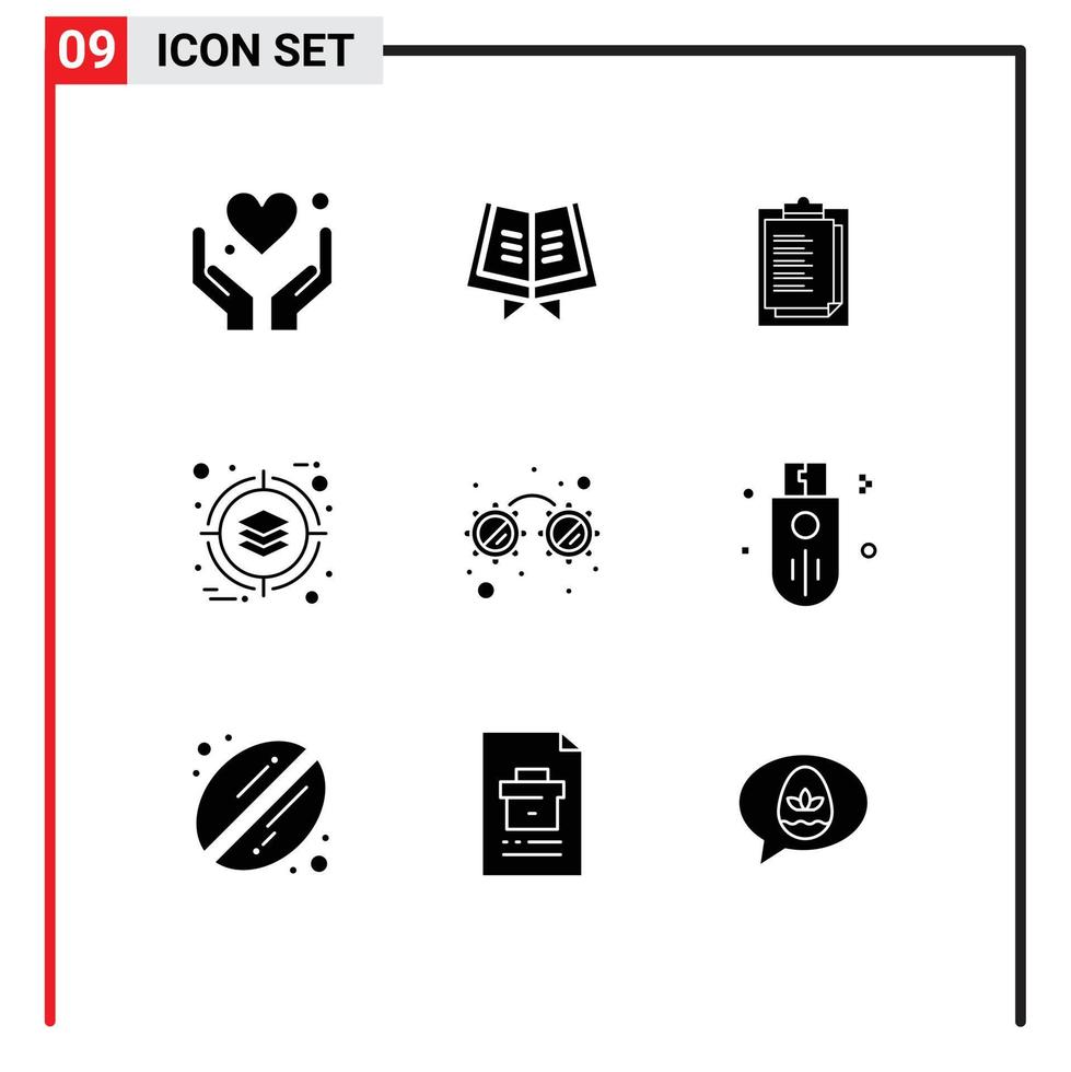 conjunto de glifos sólidos de interface móvel de 9 pictogramas de óculos de festa chiques boletim de implantação de produto elementos de design de vetores editáveis