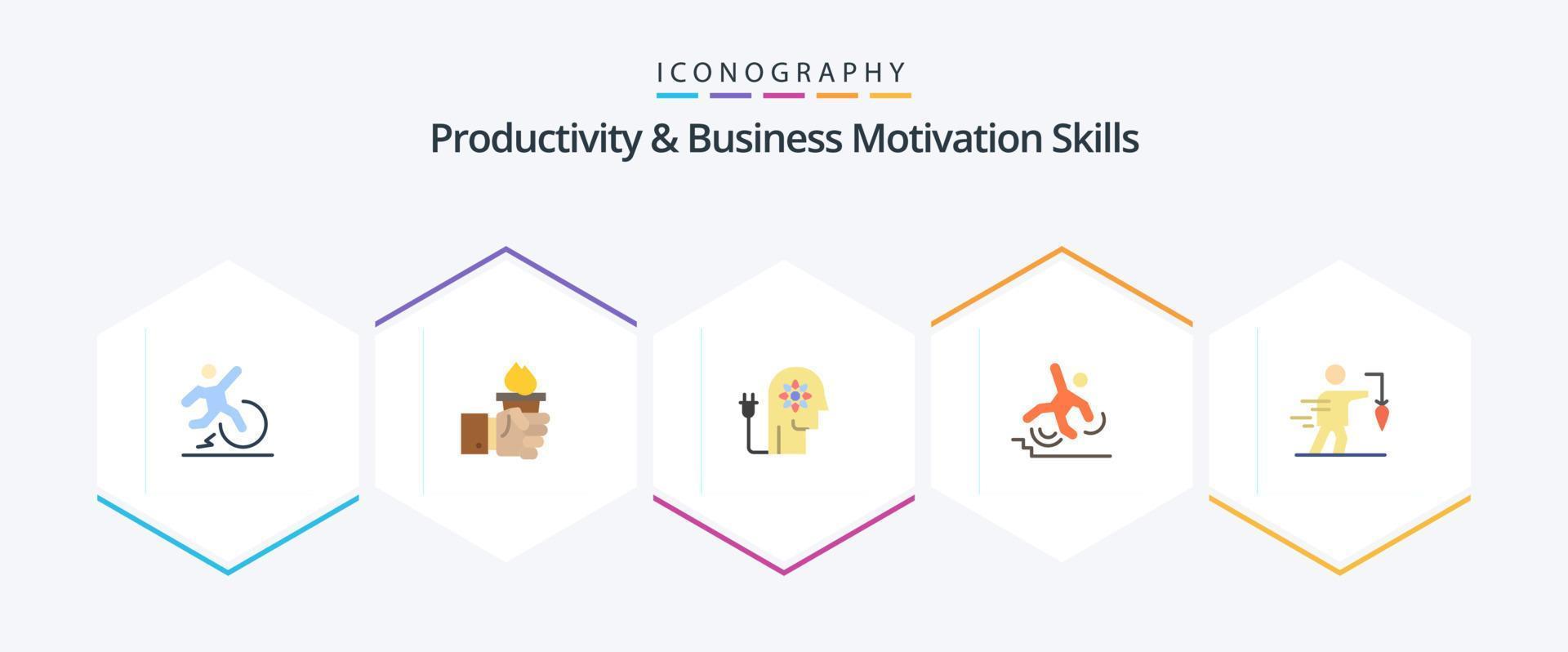 habilidades de produtividade e motivação de negócios 25 pacote de ícones planos, incluindo falha. negócios. liderança. mente. impulsionando vetor