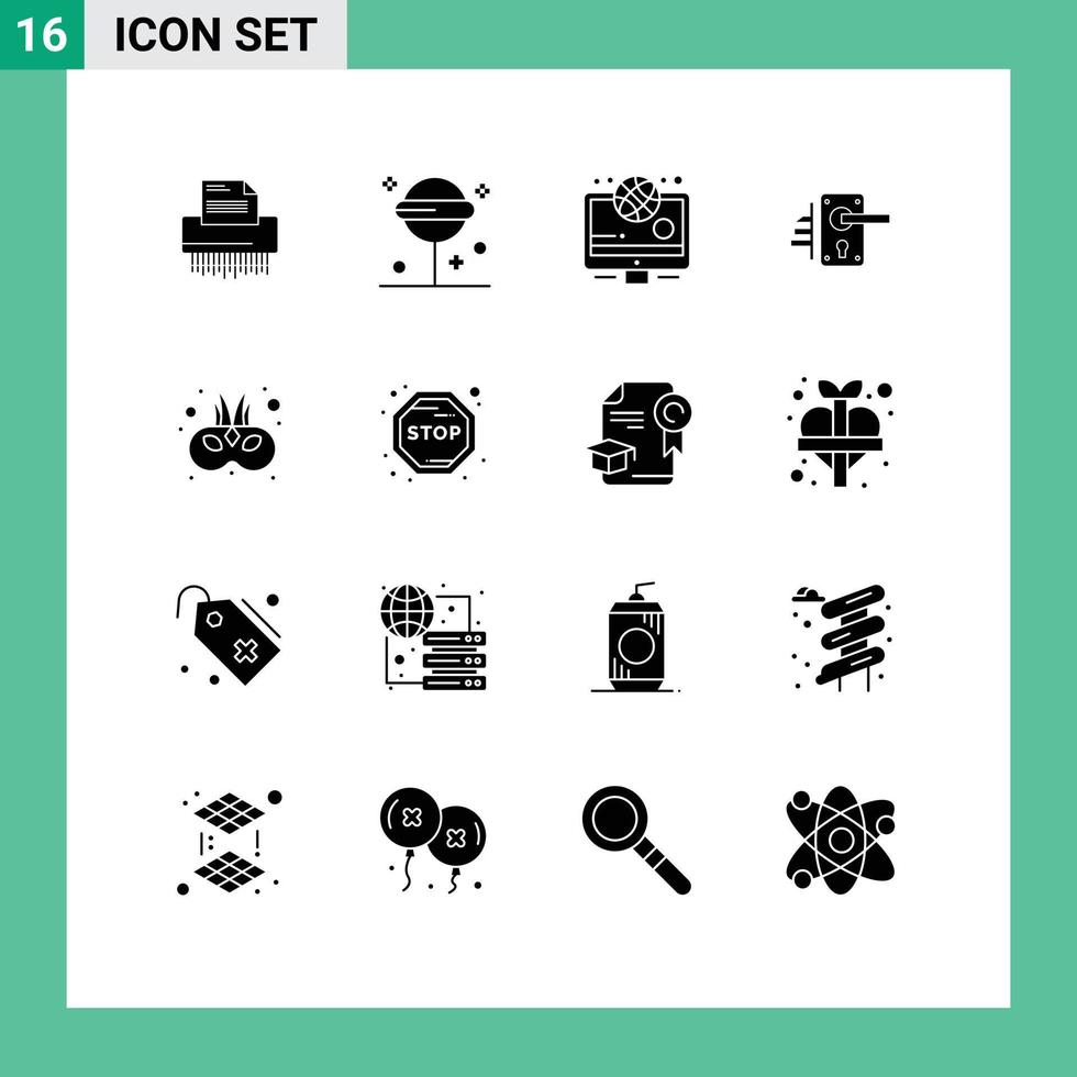 16 sinais de glifos sólidos universais, símbolos de fechadura de halloween, elementos de design de vetor olímpico editável