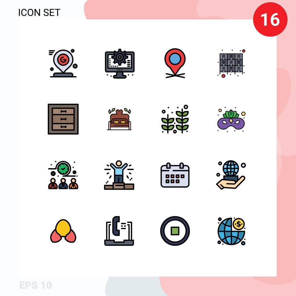 16 ícones criativos, sinais e símbolos modernos de pinos de gaveta de configuração de móveis de rack, elementos de design de vetores criativos editáveis