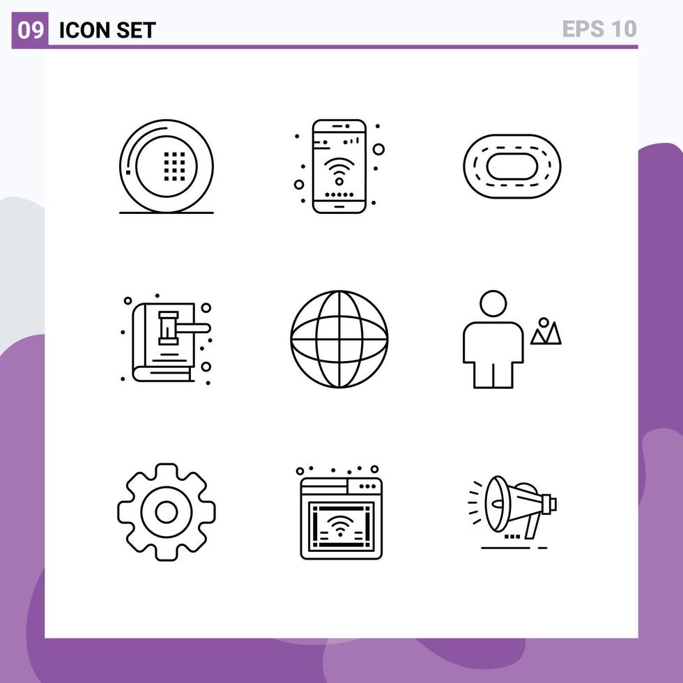 pacote de 9 esboços criativos de elementos de design de vetores editáveis de leilão de martelo de wifi de lei de internet