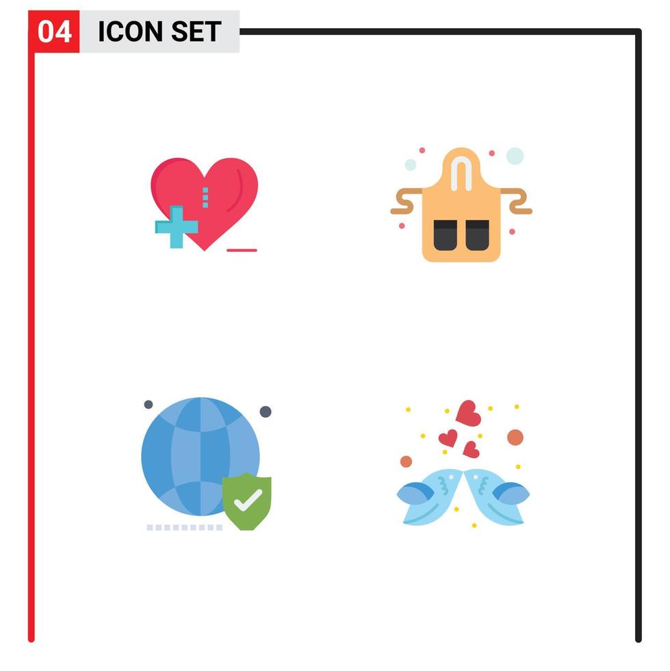 4 ícones planos universais definidos para aplicativos da web e móveis adoram luvas de cuidados cardíacos do globo elementos de design de vetores editáveis