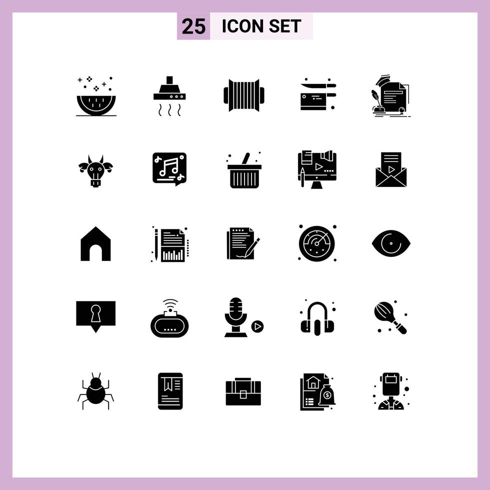 conjunto moderno de 25 glifos e símbolos sólidos, como certificado, utensílio, cozinha, música, música, vetor editável, elementos de design