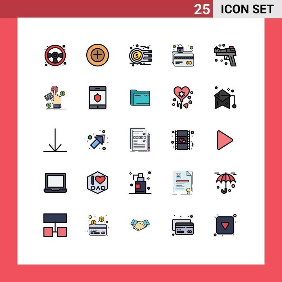 pacote de interface do usuário de 25 cores planas de linha preenchida básica de bloqueio de arma de fogo, cartão de moeda, segurança, cartão atm, elementos de design vetorial editáveis vetor