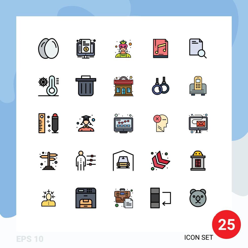 conjunto de cores planas de linha preenchida de interface móvel de 25 pictogramas de amostra de pesquisa, arquivo de máscara, elementos de design de vetores editáveis de áudio