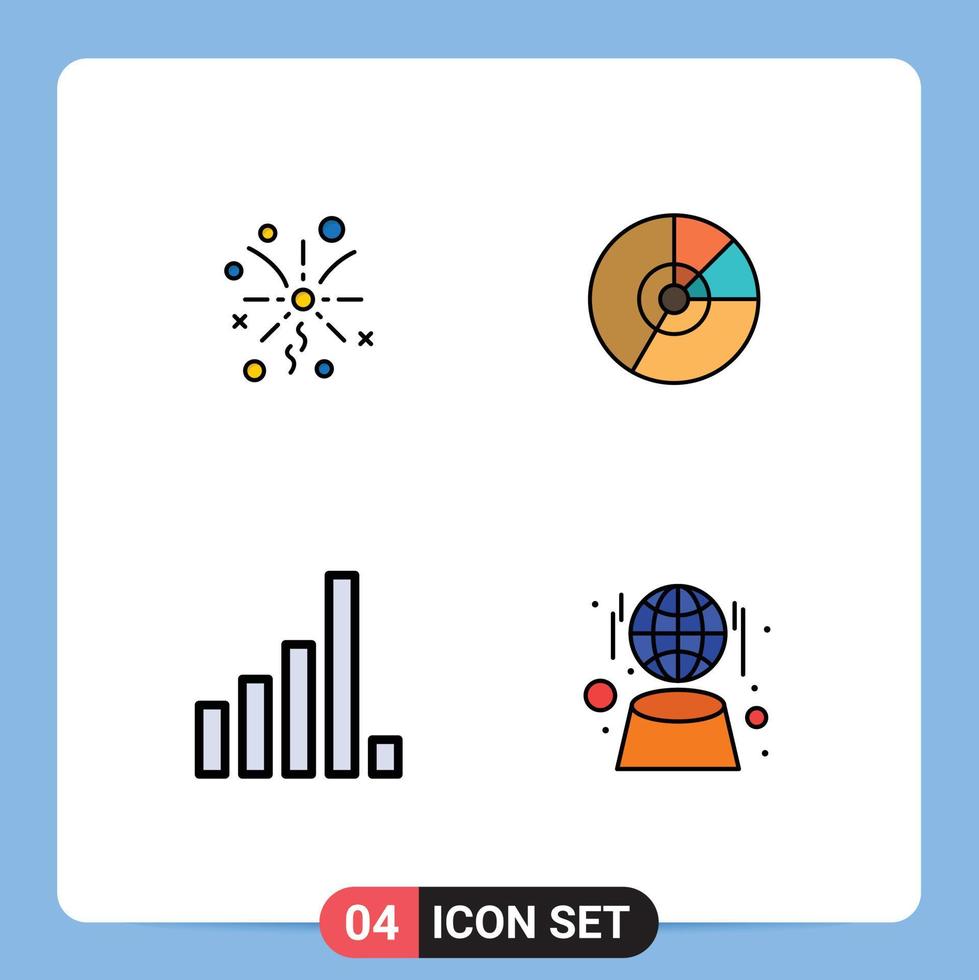 conjunto de cores planas de linha preenchida de interface móvel de 4 pictogramas de estatísticas de fogos de artifício diagrama de pizza telefone editável elementos de design vetorial vetor