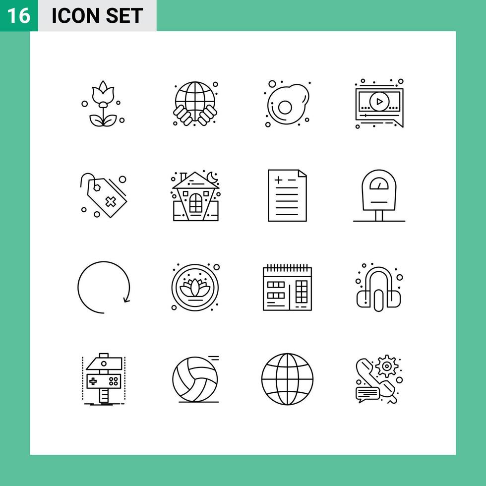 pacote de 16 sinais e símbolos de contornos modernos para mídia impressa na web, como castelo, adicionar elementos de design de vetores editáveis de vídeo de etiqueta de ovo