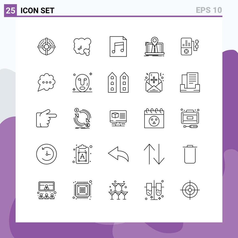 conjunto de 25 sinais de símbolos de ícones de interface do usuário modernos para música gps poluição sistema de navegação elementos de design de vetores editáveis