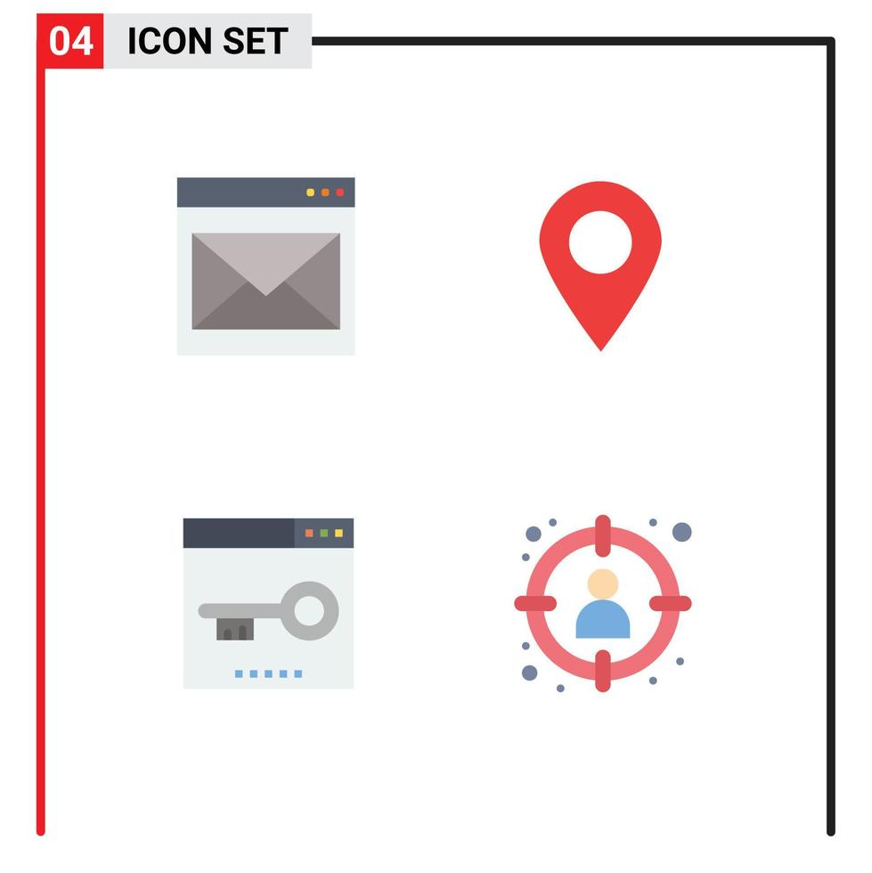 4 pacote de ícones planos de interface de usuário de sinais e símbolos modernos de pinos de comunicação palavras-chave de localização de e-mail elementos de design vetorial editáveis vetor