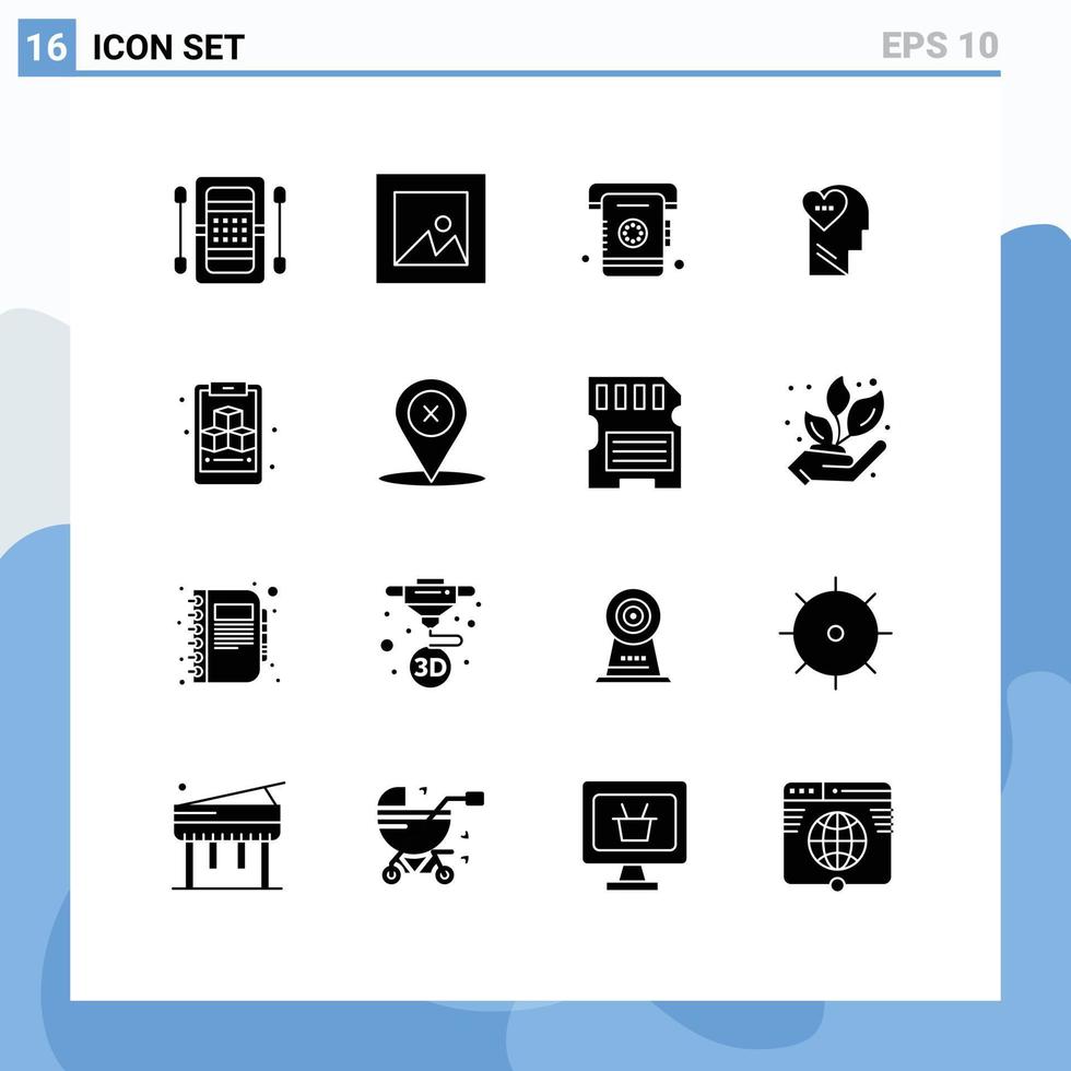 conjunto de pictogramas de 16 glifos sólidos simples de cubo cabeça telefone mente sentimentos elementos editáveis de design vetorial vetor