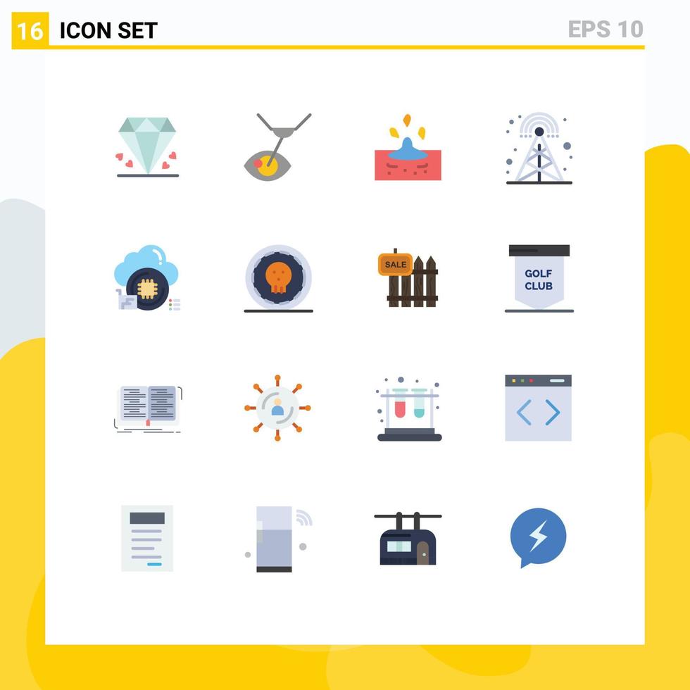 pacote de 16 sinais e símbolos modernos de cores planas para mídia impressa na web, como torre do processador, transmissão de rádio, pacote editável de elementos de design vetorial criativo vetor