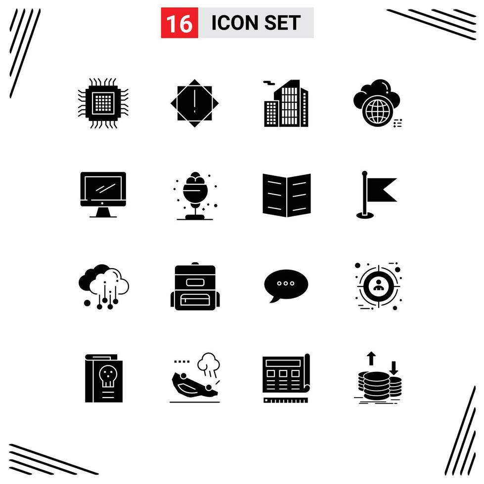 grupo de símbolos de ícones universais de 16 glifos sólidos modernos do mundo do computador construindo elementos de design de vetores editáveis em nuvem