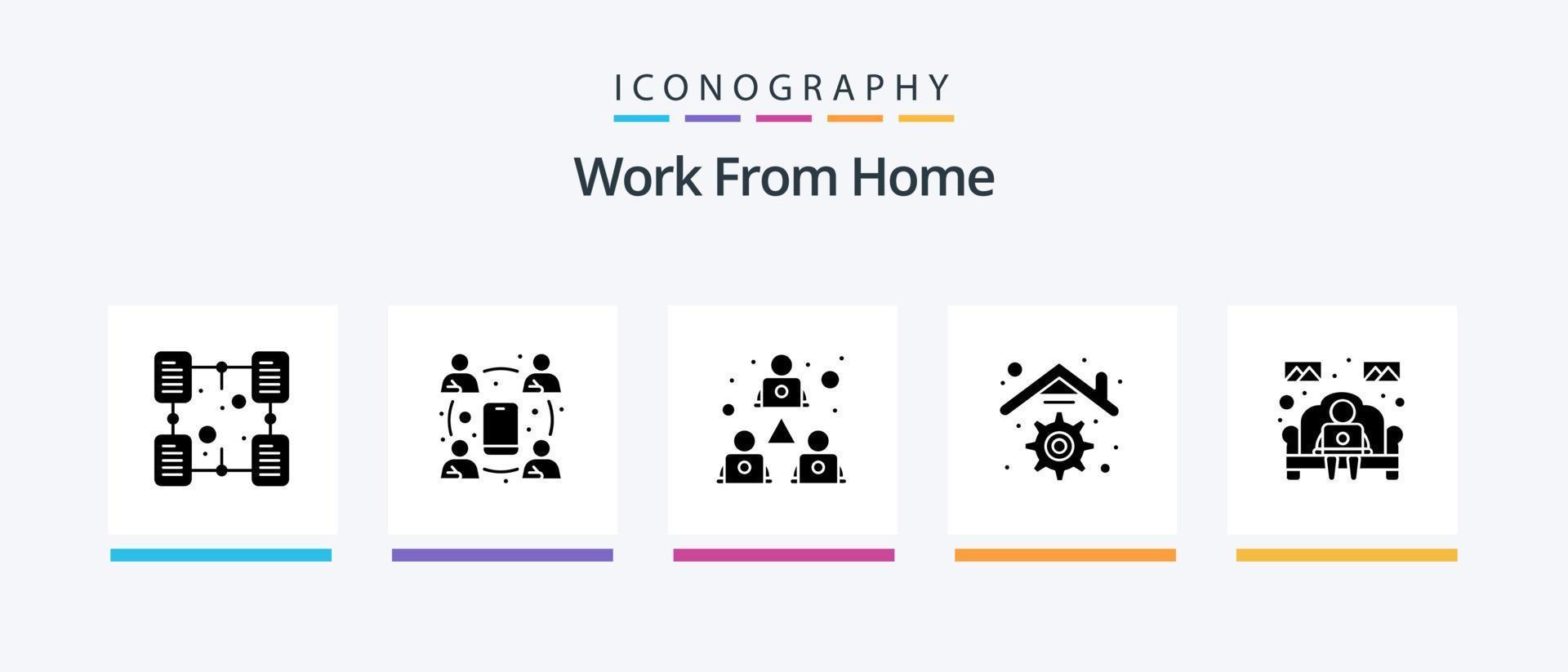 trabalhe em casa com o pacote de ícones do glifo 5, incluindo notebook. casa. on-line. lar. compartilhamento. design de ícones criativos vetor