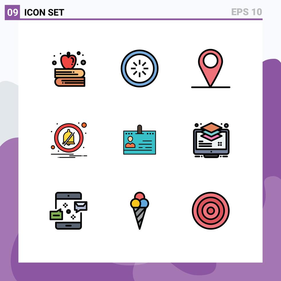 grupo de 9 sinais e símbolos de cores planas de linha preenchida para cartões gps de negócios de identificação, notificação de elementos de design de vetores editáveis