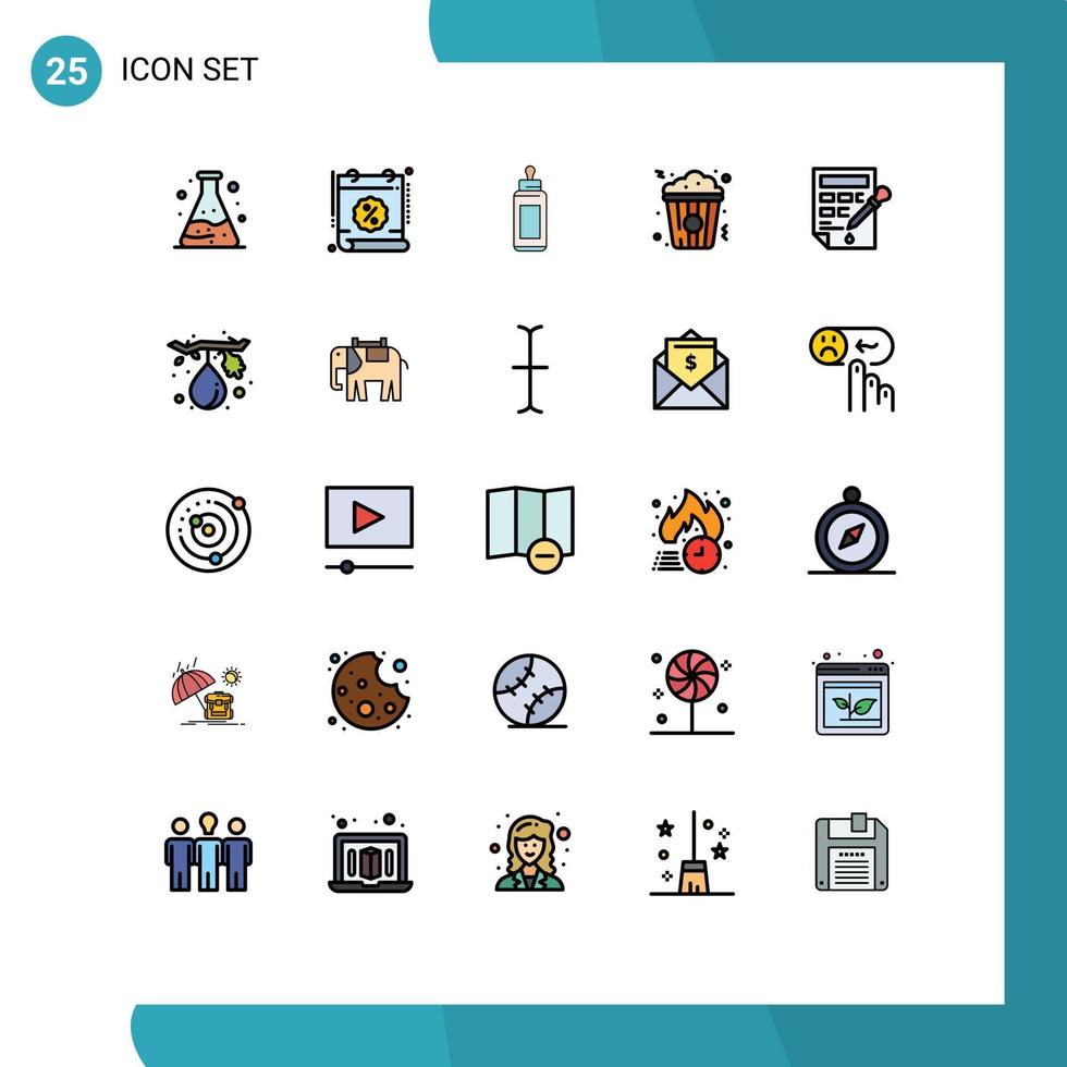 Conceito de cor plana de 25 linhas preenchidas para sites móveis e aplicativos, alimentador de lanches, cinema, leite, elementos de design vetorial editáveis vetor