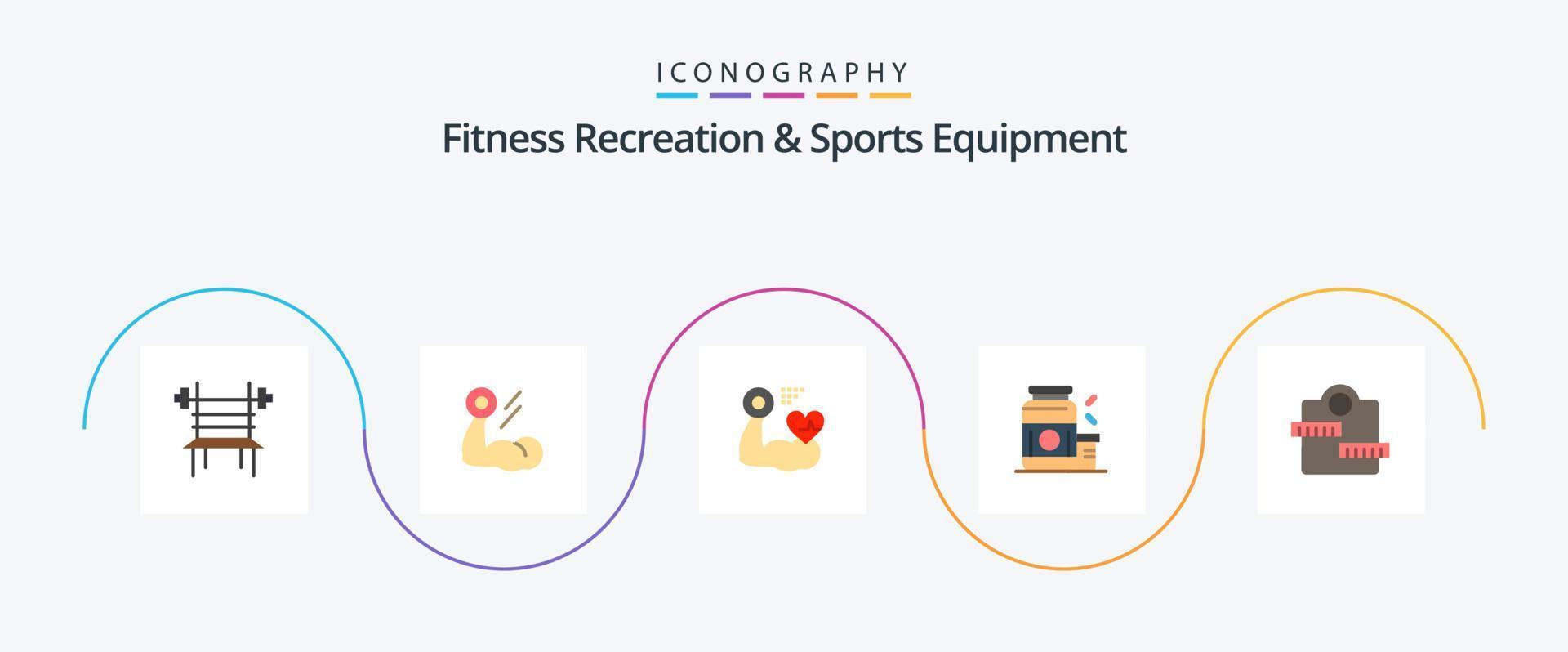 Recreação fitness e equipamento esportivo Flat 5 Icon Pack, incluindo esportes. ganhador. músculo. musculação. coração vetor