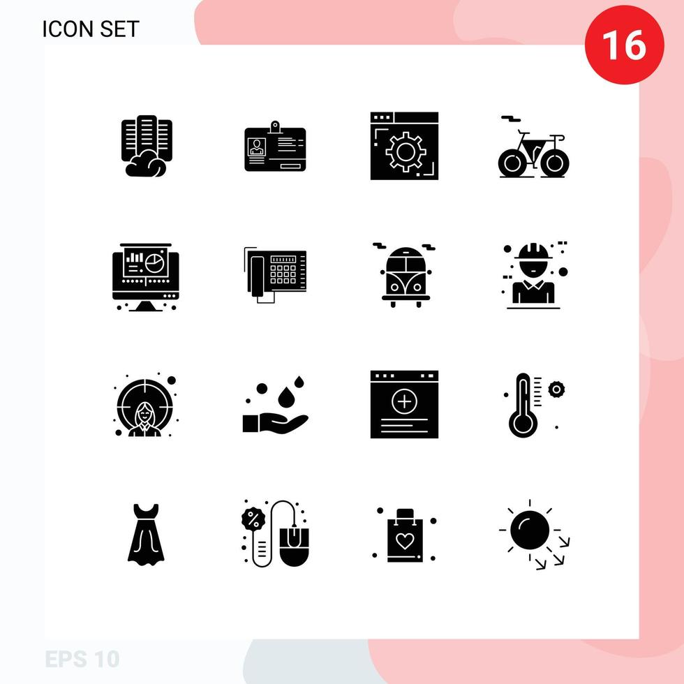 16 ícones criativos, sinais e símbolos modernos de torta, navegador de computador, transporte, bicicleta, elementos de design vetoriais editáveis vetor