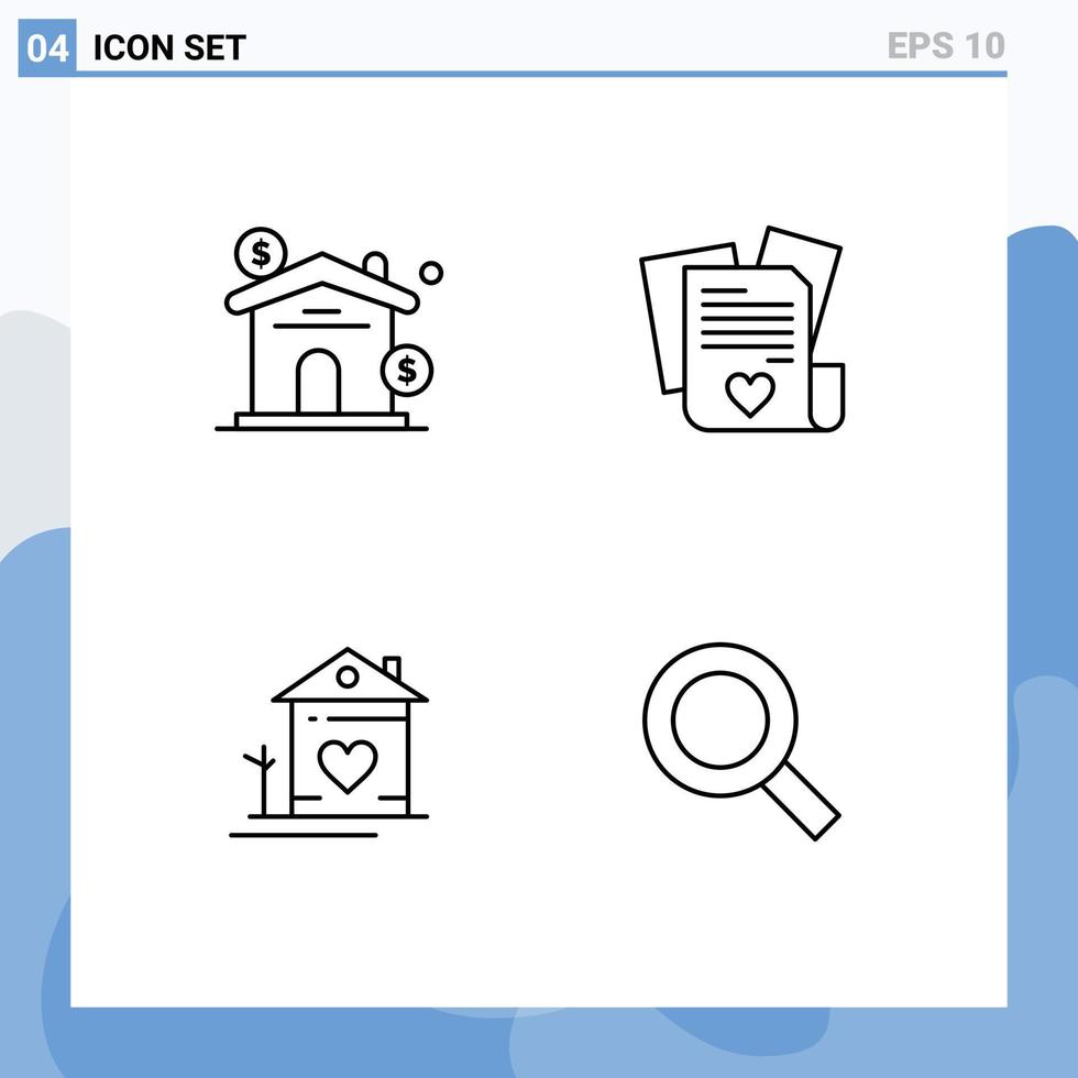 pacote de linha vetorial editável de 4 cores planas de linha preenchida simples de casa de ativos coração real casal elementos de design vetorial editáveis vetor