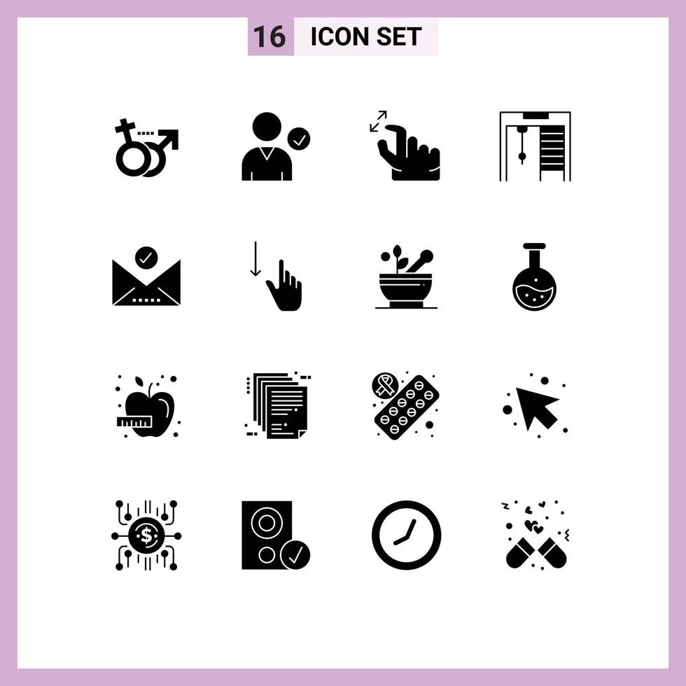 conjunto moderno de 16 glifos e símbolos sólidos, como elementos de design de vetores editáveis de marca de seleção de mão de e-mail selecionado