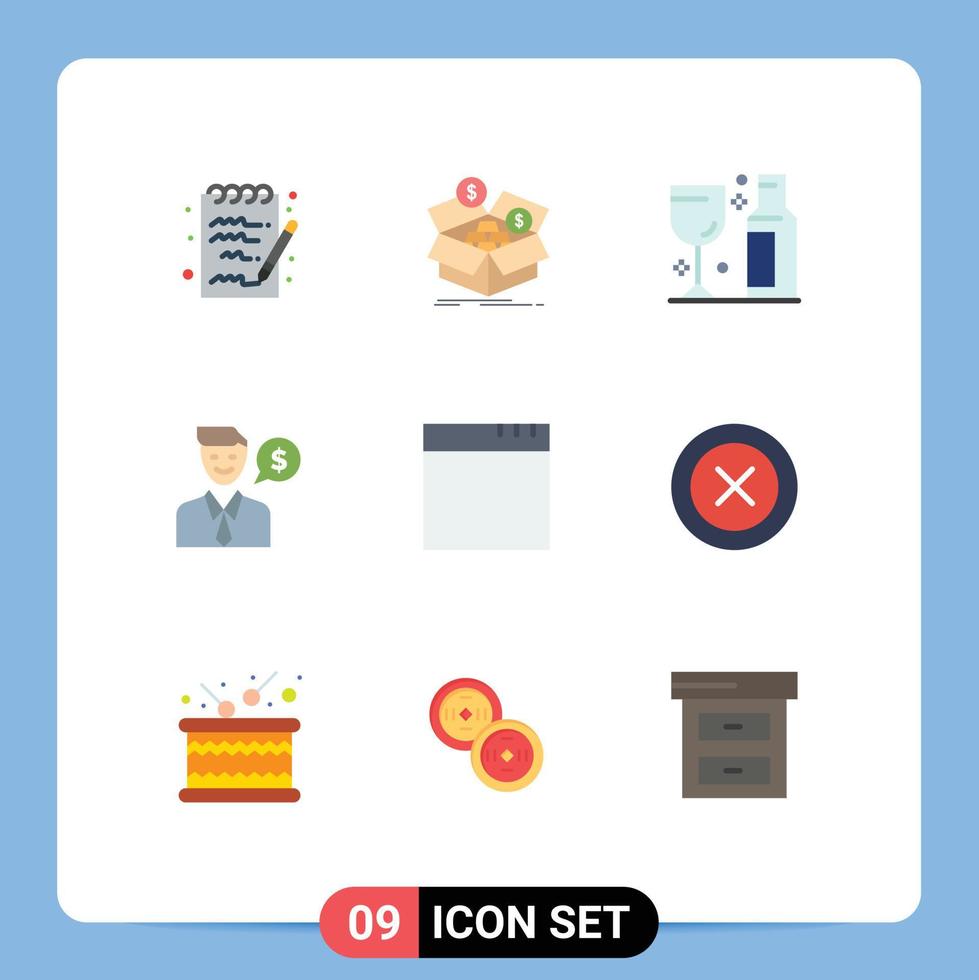 Pacote de cores planas de 9 interfaces de usuário de sinais e símbolos modernos de elementos de design de vetores editáveis do homem de trabalho de álcool do Windows