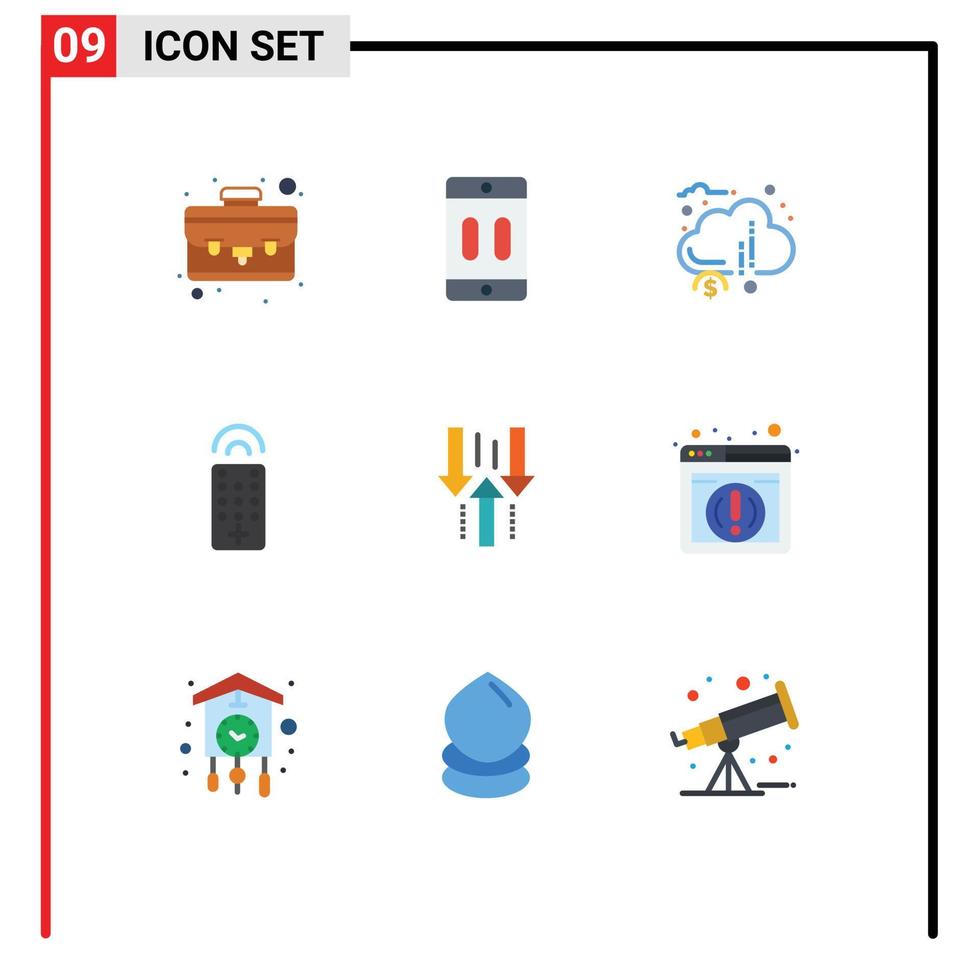 pacote de 9 sinais e símbolos modernos de cores planas para mídia impressa na web, como fundos remotos de fundos remotos de tv, elementos de design vetorial editáveis vetor