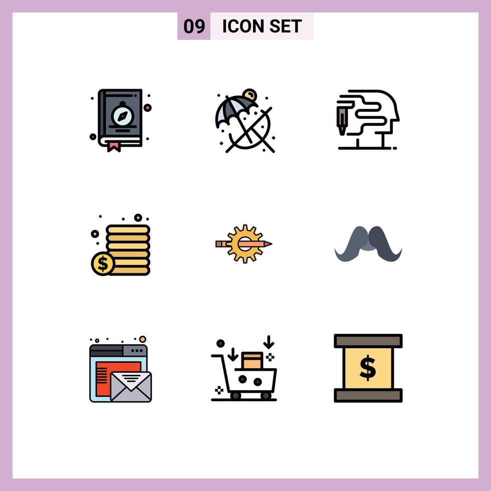 9 cores planas universais preenchidas para aplicações web e móveis design de engrenagem impressão escrita dinheiro editável elementos de design vetorial vetor