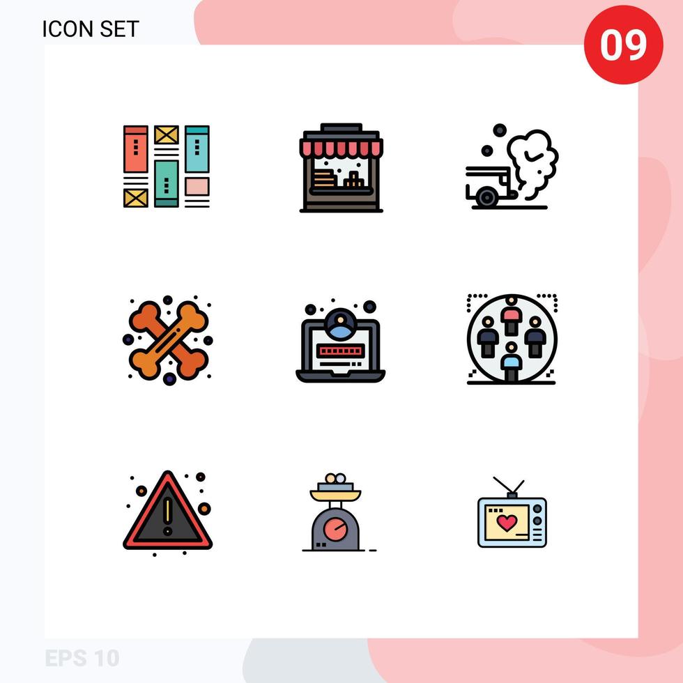 pacote de cores planas de linha preenchida de 9 símbolos universais de desenvolvimento carro de halloween elementos de design de vetores editáveis de ossos cruzados