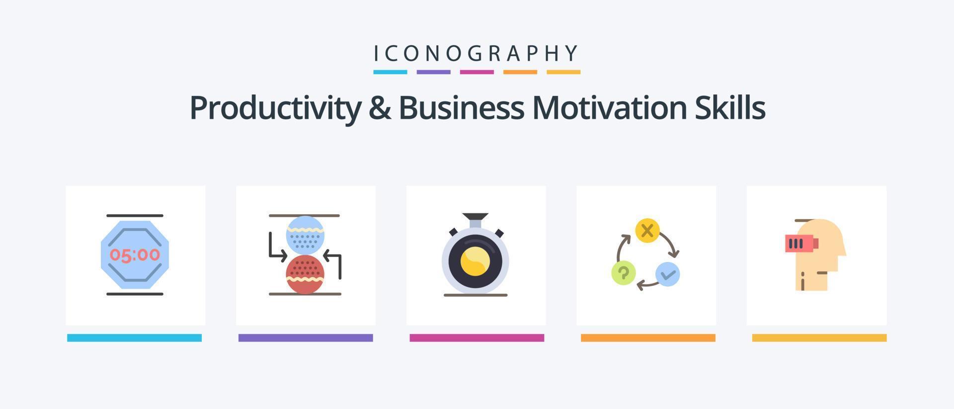 produtividade e habilidades de motivação de negócios flat 5 icon pack incluindo realização. problemas. Relógio de areia. fluxo. prática. design de ícones criativos vetor