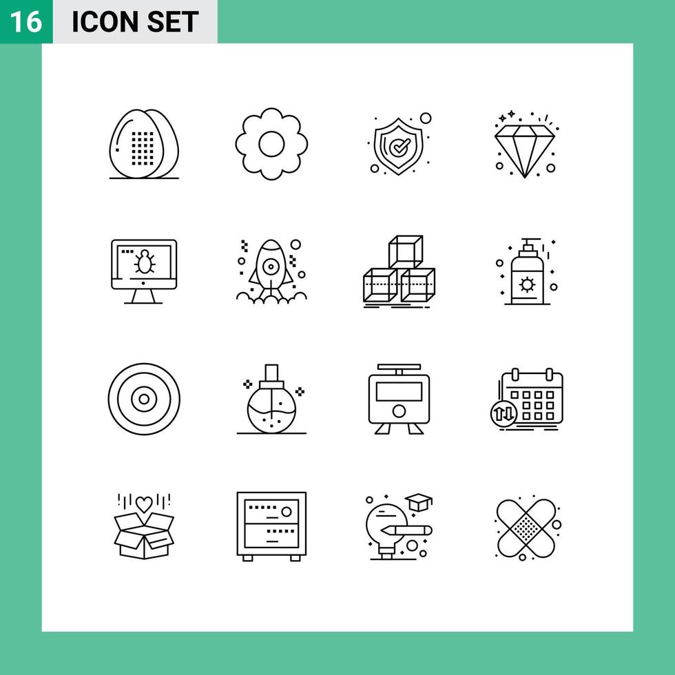 pacote de 16 sinais e símbolos de contornos modernos para mídia impressa na web, como monitor de tela, segurança, investimento em riqueza, elementos de design vetorial editáveis vetor