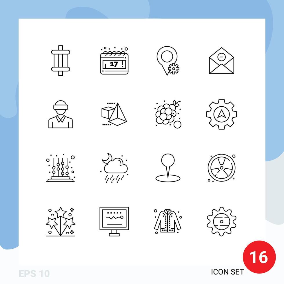 16 pacote de esboço de interface de usuário de sinais e símbolos modernos de óculos de realidade mapa e-mail excluir elementos de design de vetores editáveis