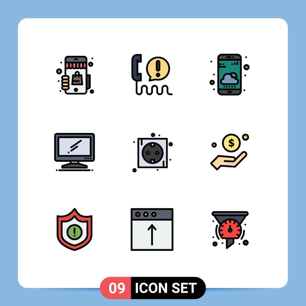 conjunto de 9 pacotes comerciais de cores planas de linha preenchida para dispositivo de pc ajudam a monitorar elementos de design de vetores editáveis de aplicativos de clima