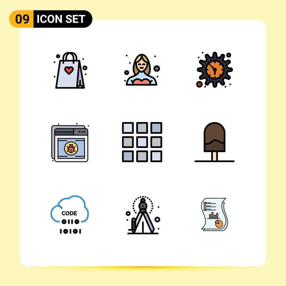 9 interface do usuário pacote de cores planas de linha cheia de sinais e símbolos modernos de proteção do usuário do escudo da web assista a elementos de design vetorial editáveis vetor