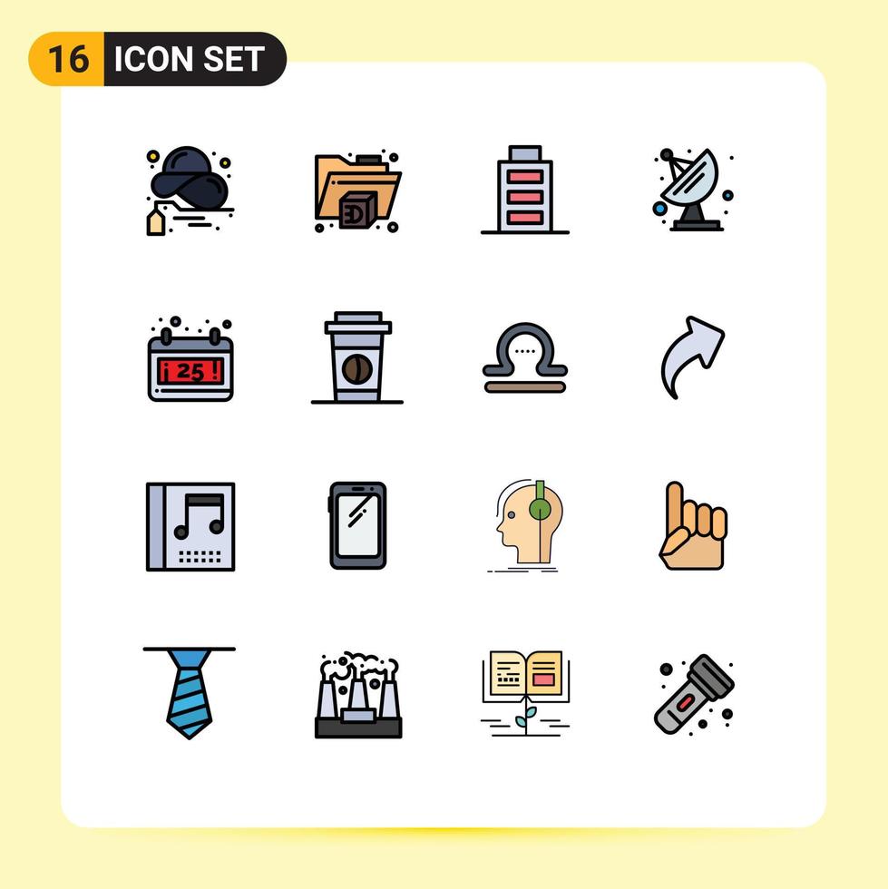pacote de 16 sinais e símbolos modernos de linhas cheias de cores planas para mídia impressa na web, como interface de data de bebida, espaço de natal, elementos de design de vetores criativos editáveis