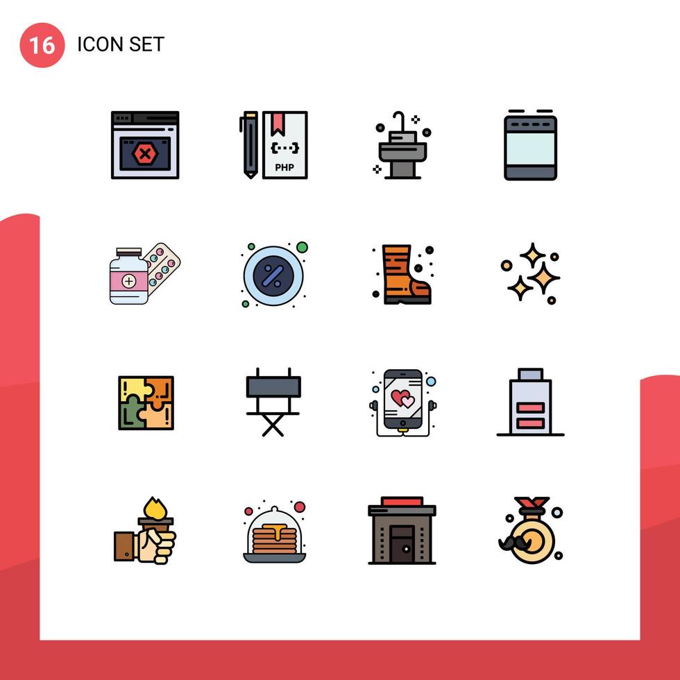 16 conceito de linha cheia de cores planas para sites móveis e aplicativos, arquivo de cozinha de remédios, sala de gás, elementos de design de vetores criativos editáveis