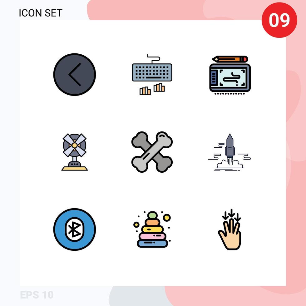 grupo de 9 cores planas de linhas preenchidas modernas definidas para ventilador de digitação em casa de saúde óssea wacom elementos de design de vetores editáveis